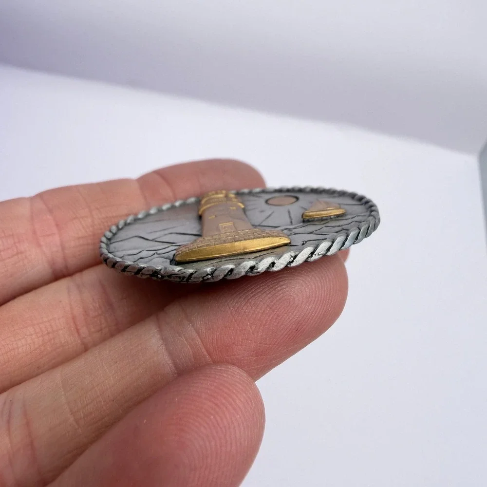 JJ Jonette‎ VTG Lighthouse Sailboat Brooch Two Tone Nautical Ocean Sailing Oval